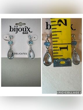 NWT Bijoux Bar Silver Teardrop Drop Earrings with Clear and Light Blue Stones